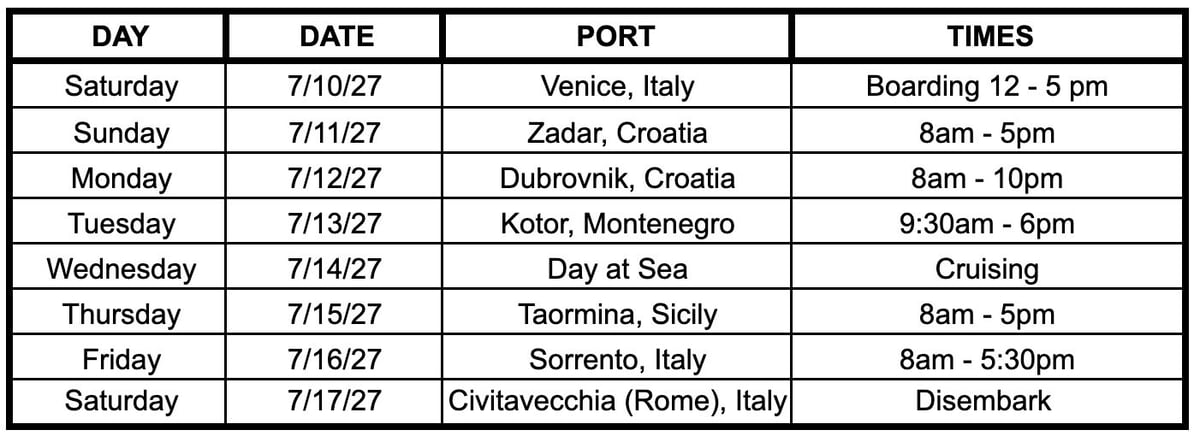 Itinerary Itmes for KK Cruise 2027